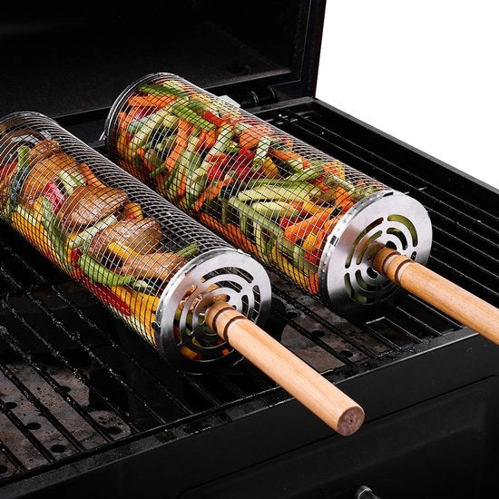 Set di forchette rotanti per barbecue con manico in legno - 2 pezzi - accessori per barbecue - campeggio outdoor - griglia - verdure patat carne pesce - forchetta cucina accessori per barbecue