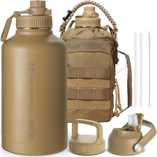 Ottimo fiasco in acciaio inossidabile, 1,9 L di capacità elevata, sportivo con buona isolazione per bicicletta, campeggio, yoga, palestra, airsoft, colore Coyote Brown, 64 oz.
