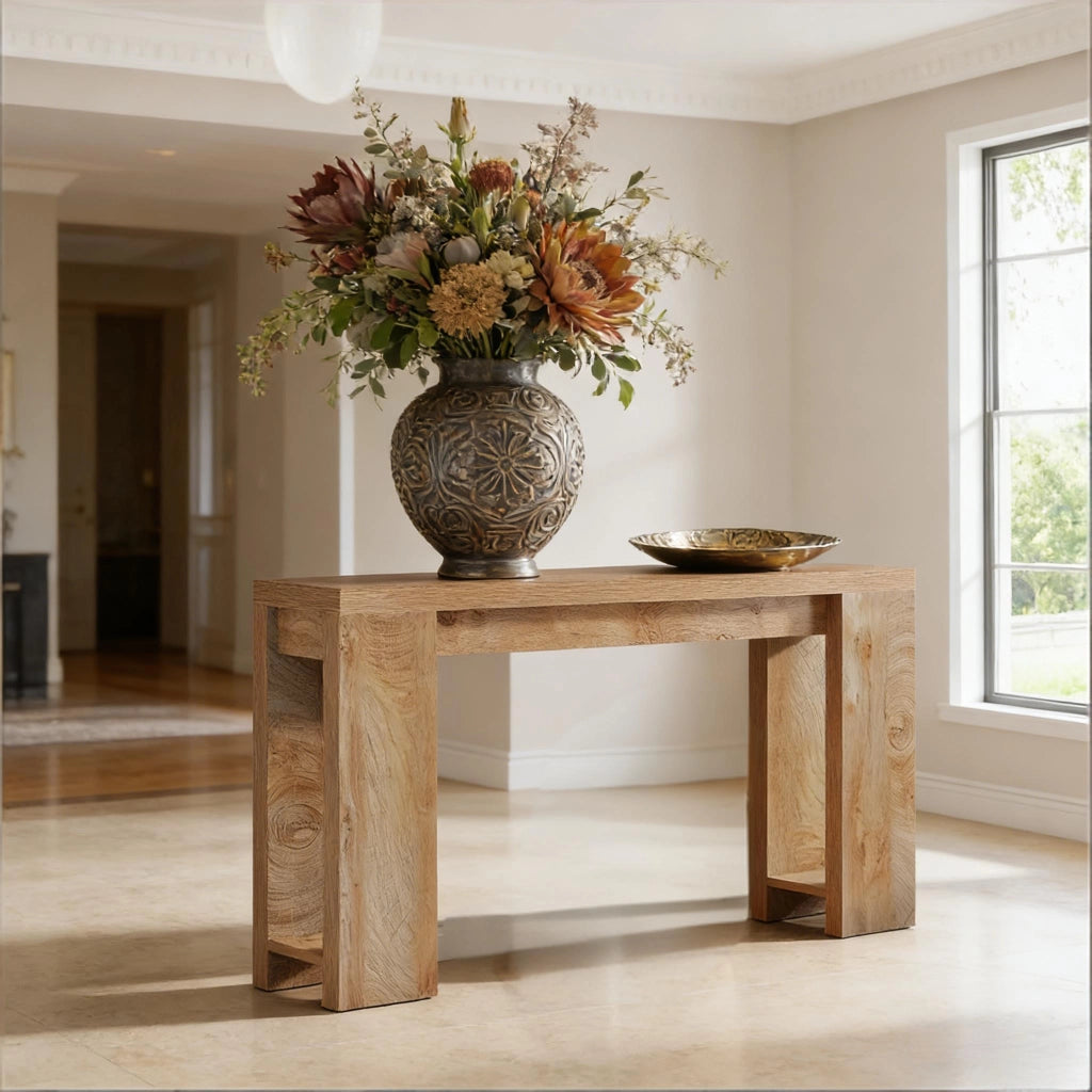Consolle ingresso stretta e lunga stile rustico country in legno marrone per soggiorno e corridoio decorativa