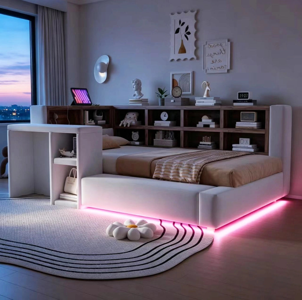 Letto imbottito 90x200 cm con contenitore; LED; prese integrate e comodino; grigio chiaro
