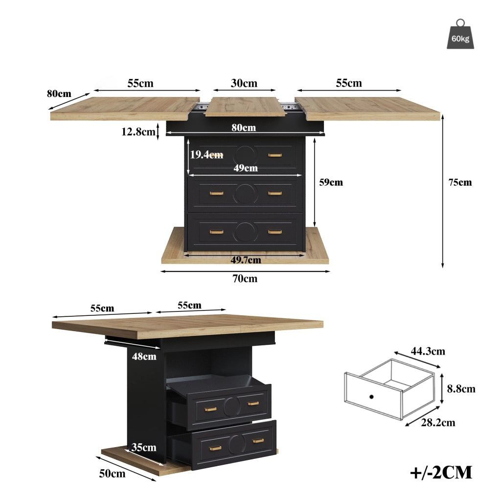Tavolo da pranzo 110x80x75 cm estendibile con cassetti e vano con chiusura magnetica in MDF e metallo naturale