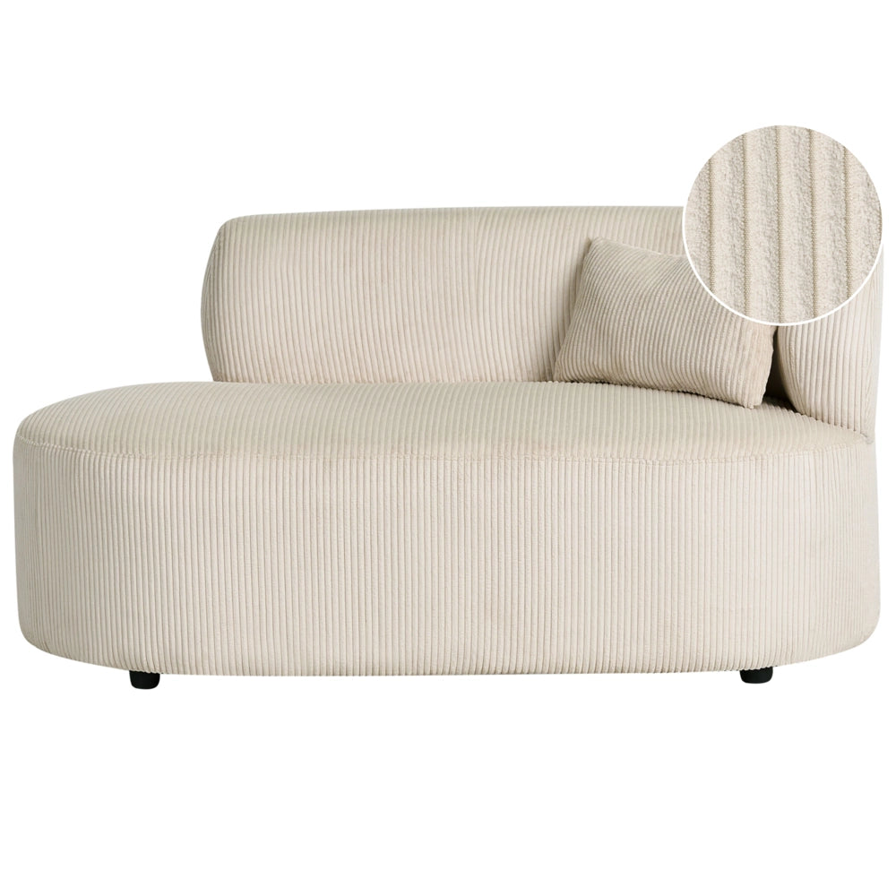 Chaise longue con rivestimento in velluto a coste beige chiaro e cuscino decorativo lato destro