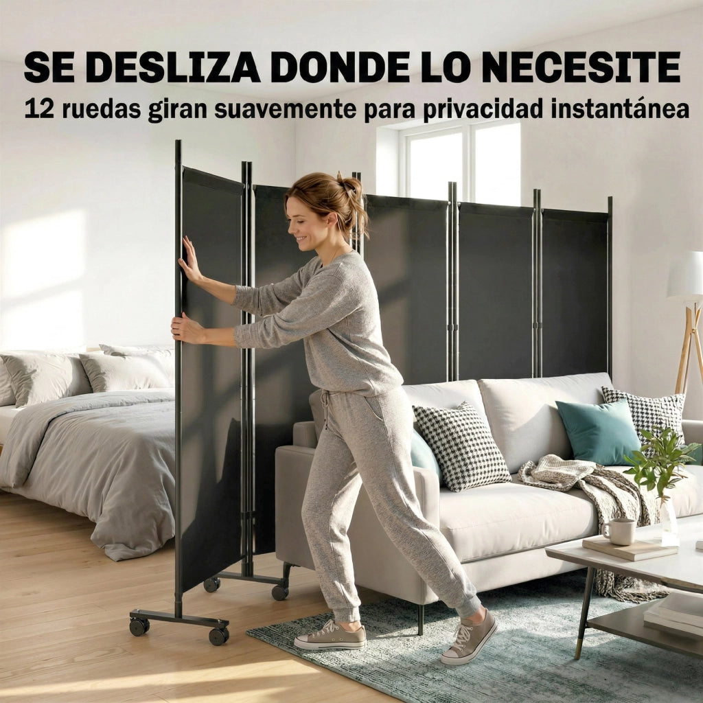 Biombo Separatore 5 Pannelli 12 Ruote ¨C zephmum ¨C Nero 252x170 cm
