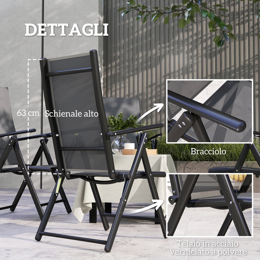 Set 4 Sedie da Giardino 56x69x106 cm Pieghevoli e Traspiranti in Acciaio e Poliestere Grigio