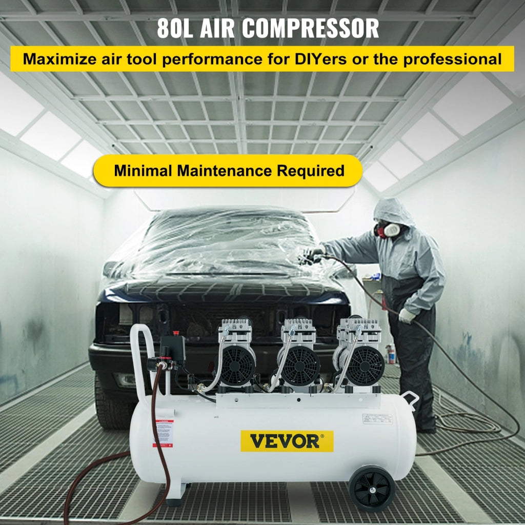 Compressore d'Aria Silenziato Senza Olio 80 L KYJ-5244 2200W 8 Bar in Acciaio Bianco per Officina e Fai da Te