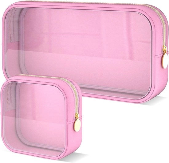 Set di trucco trasparente da viaggio di 2 pezzi - Borsa cosmetica impermeabile - Organizzatore di trucco portatile in PVC e nylon - Autorizzato TSA - Rosa - Per donne