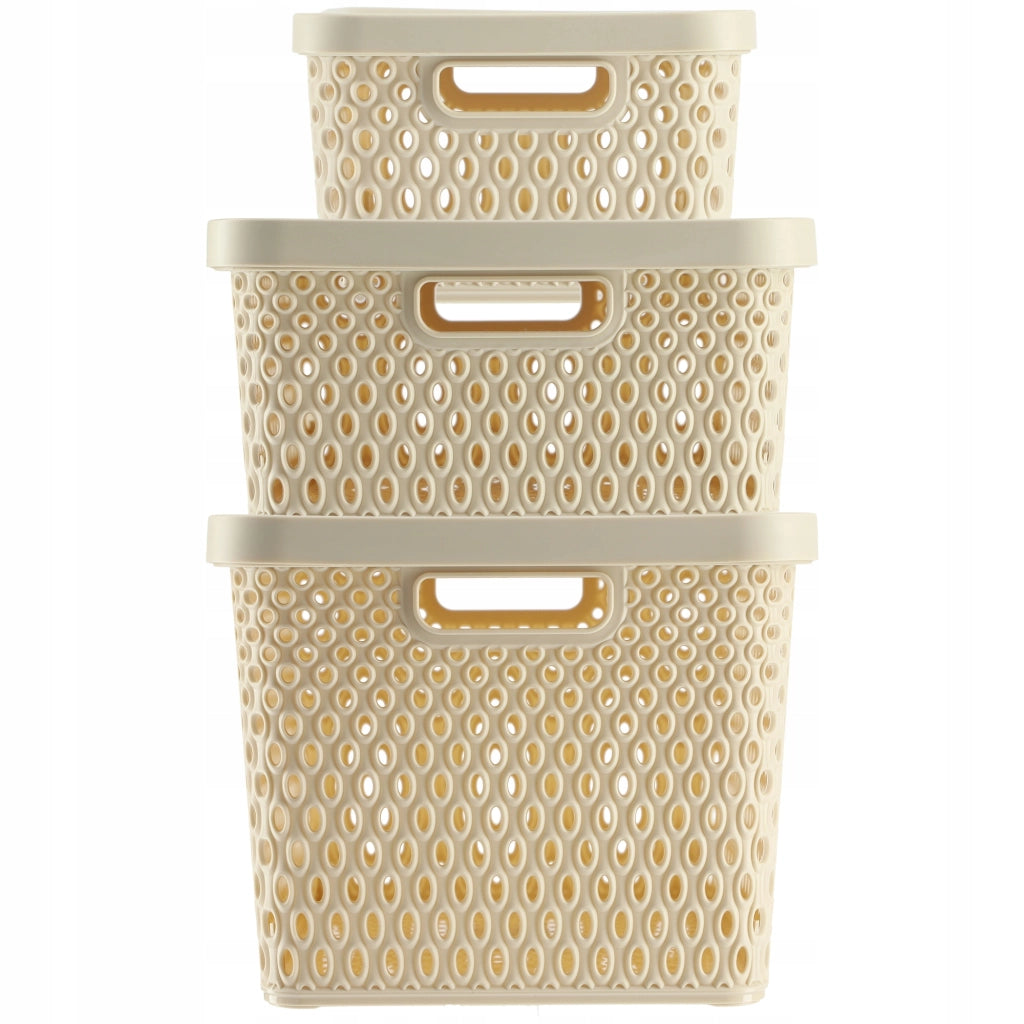 Set di 3 cestini in plastica beige KADAX con coperchio.