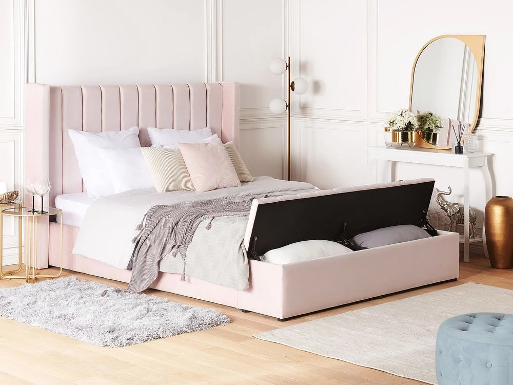 Letto velluto rosa pastello rete a doghe e cassapanca 160 x 200 cm