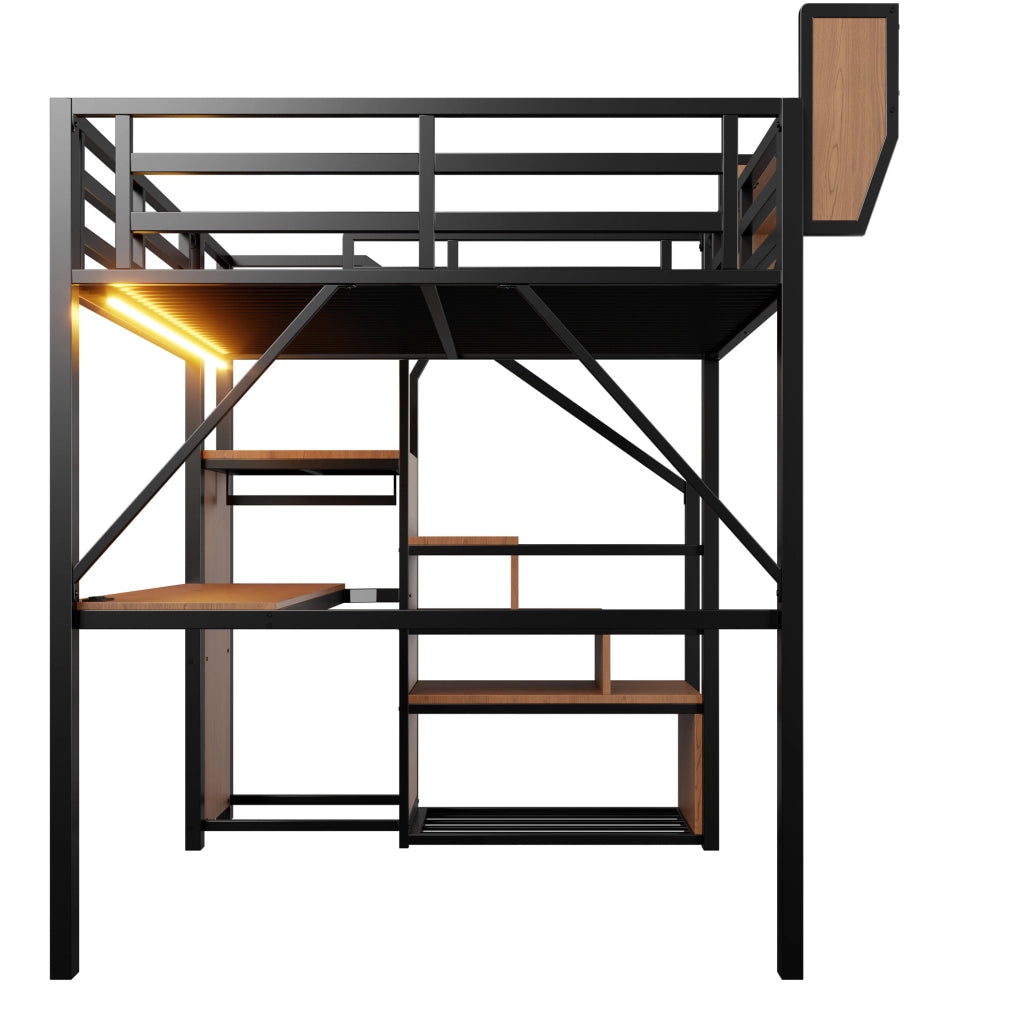 Letto a soppalco 140x200 cm in metallo e MDF nero con scrivania; LED; scala di sicurezza e ripiani