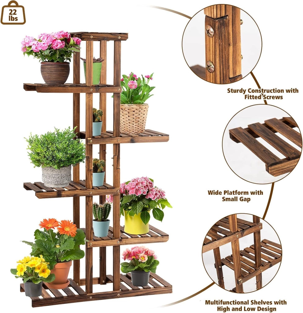 Scaffale Portapiante, Portafiori a 6 Ripiani a Scala in Legno, Design Robusto Elegante per Giardino/Soggiorno/Balcone/Cortile,(75x25x140,5 cm)