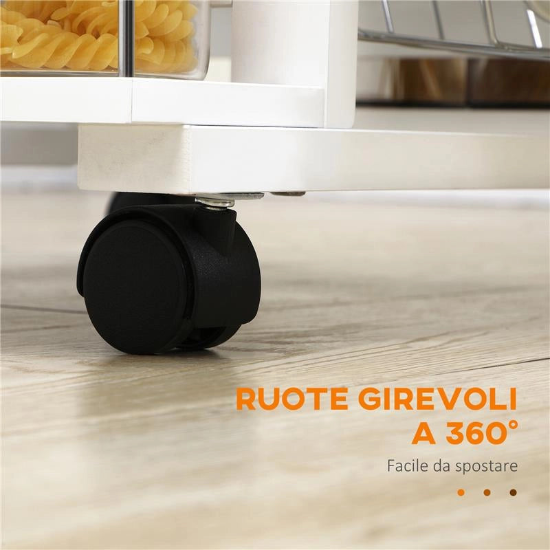 CARRELLO DA CUCINA CON CASSETTO, 4 CESTI E 4 RIPIANI, IN METALLO, CERAMICA E LEGNO, 57X37X83 CM, BIANCO