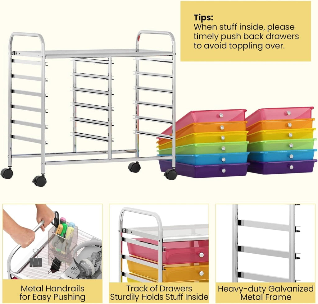 Carrello con 12 cassetti impilabili, carrello per cassetti con ruote e piano di lavoro, carrello per soggiorno, cucina, camera da letto e uffici, 64 x 38 x 62 cm (trasparente colorato)