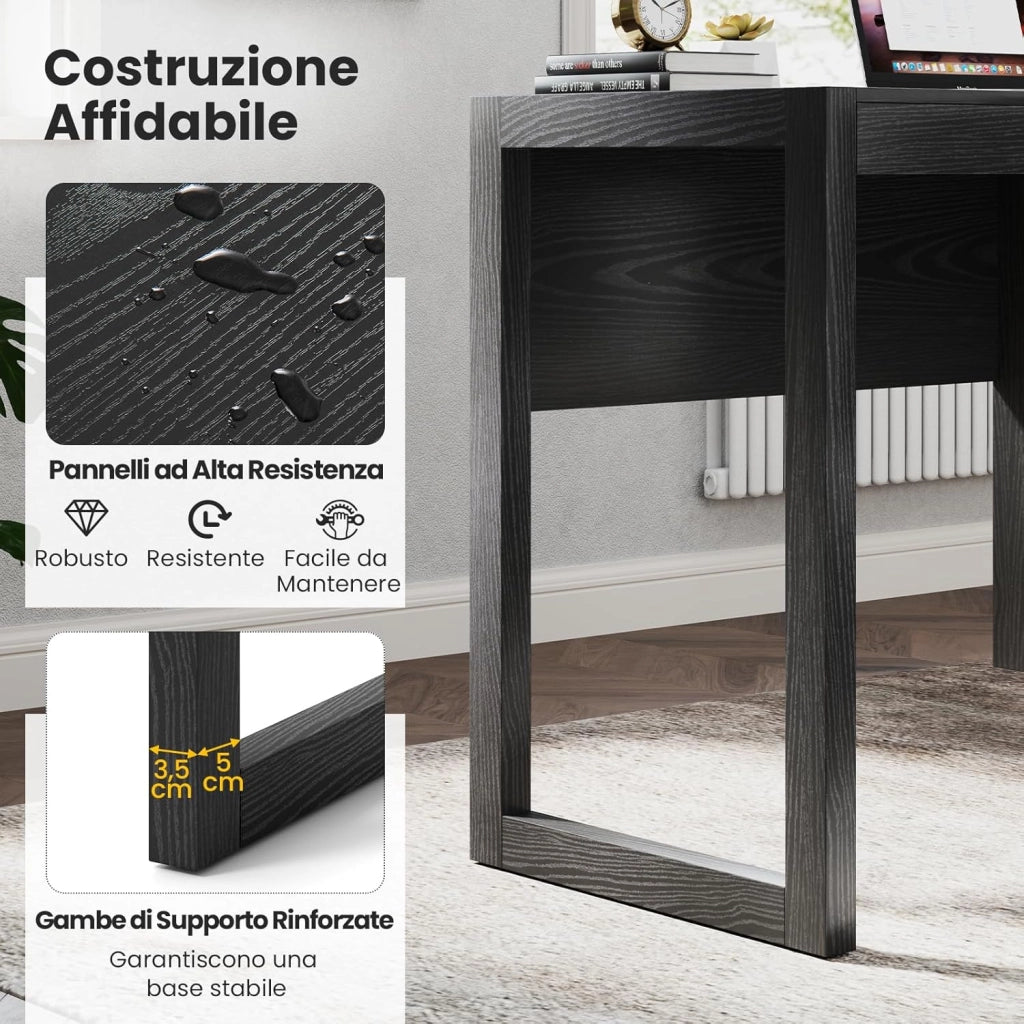 Scrivania Moderna per Computer, Postazione di Lavoro con Armadietto e Cassetto, Design Semplice ed Elegante, Scrivania con Superficie Liscia, Ideale per Casa e Ufficio (Nero)