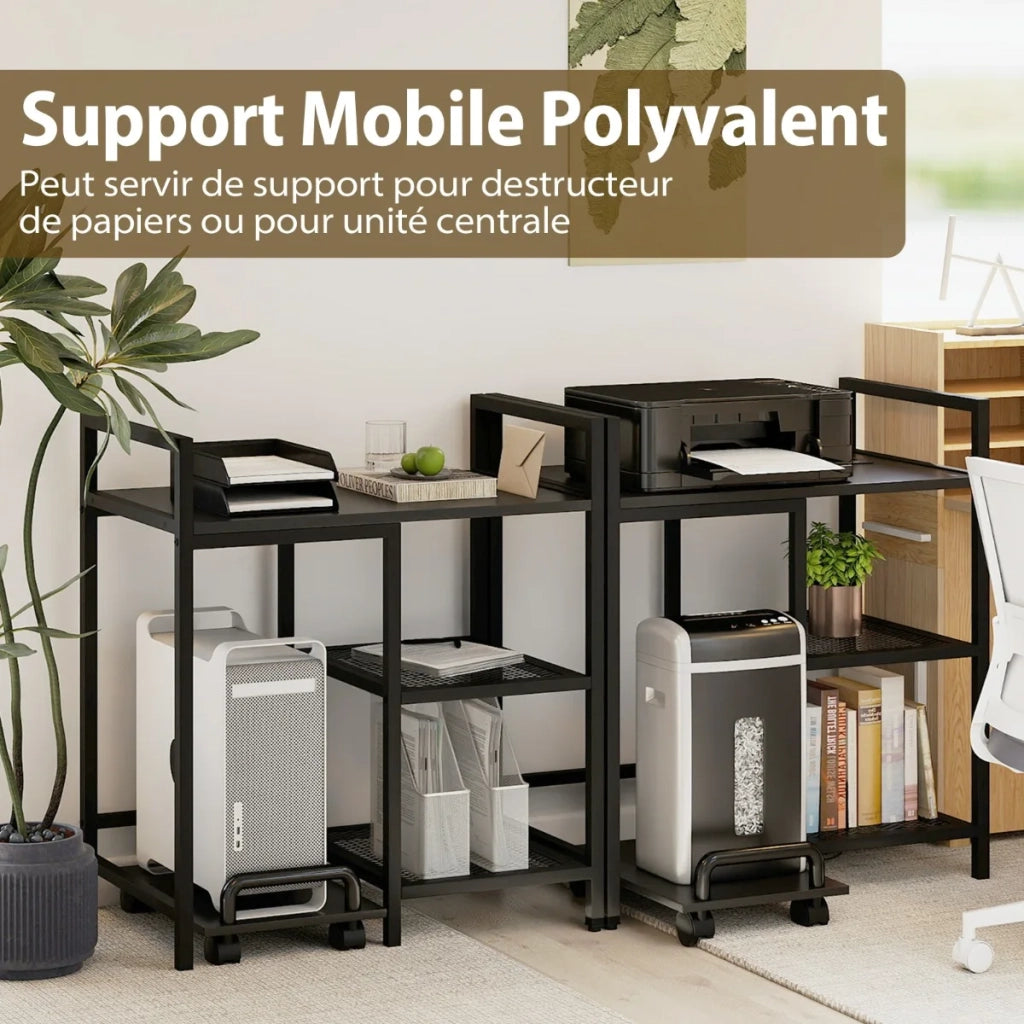 Printer Stand with Charging Station, 3-Tier Printer Table with Storage Shelves, Mobile Stand, Black