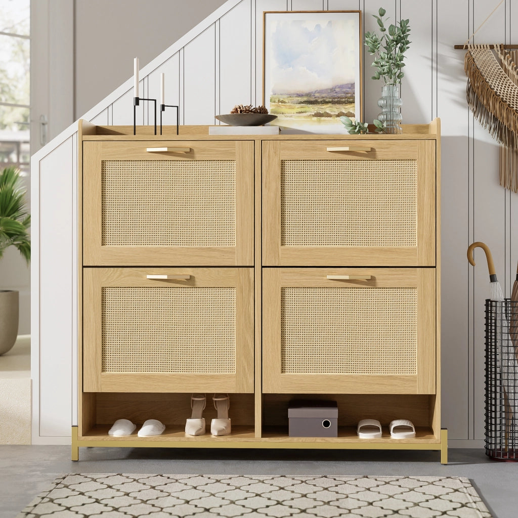 Scarpiera con 4 Ante e Ripiano Superiore; Salvaspazio; Stile Naturale; in MDF; 108;5×24×100 cm; Rovere Chiaro