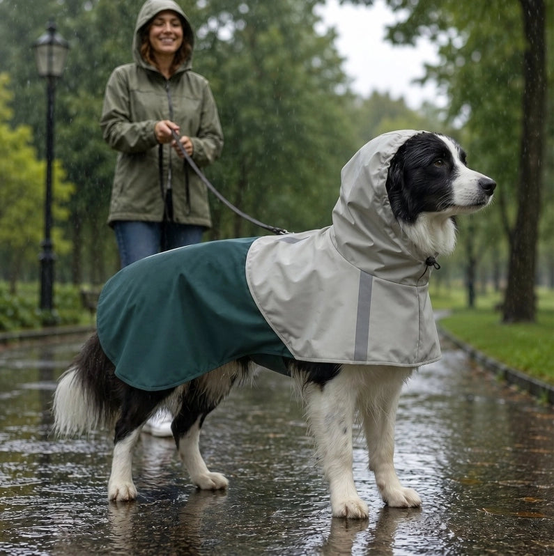 Impermeabile per cani verde in similpelle con strisce riflettenti