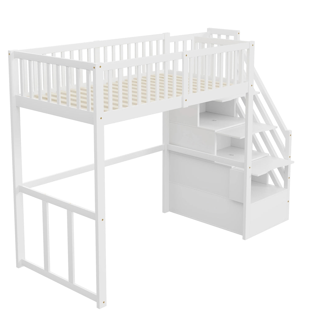 Letto a soppalco 90x200 cm in legno bianco con scala contenitore