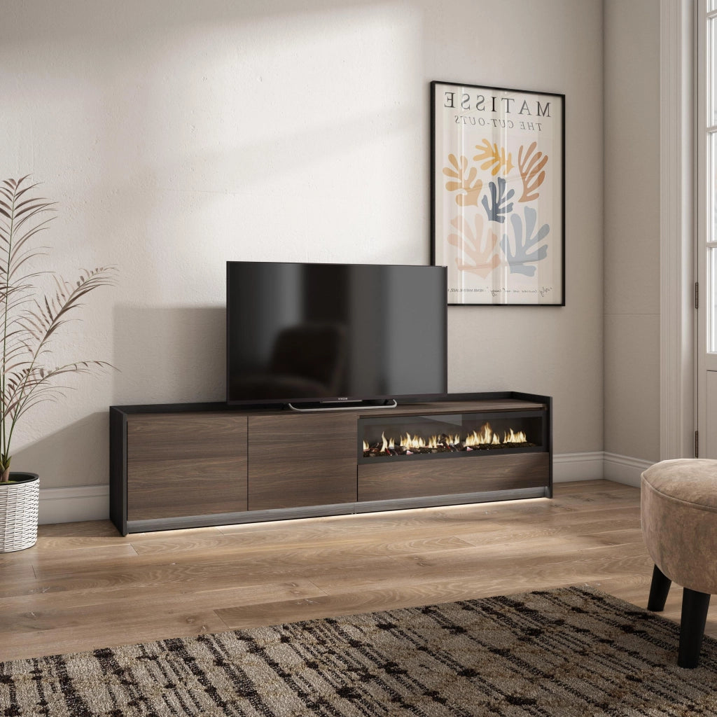 Mobile TV Soggiorno, 207x50x37 cm, Per TV fino a 80", Camino elettrico, LED, Rovere scuro e Nero