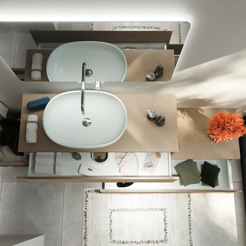 Mobile bagno sospeso modulare 120 cm sabbia opaco due cassetti con top | Bako