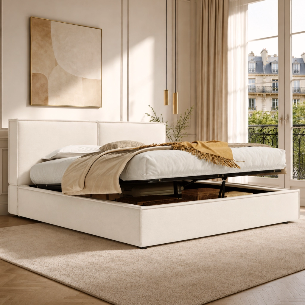 Letto Matrimoniale 180x200 cm con Contenitore idraulico; Testiera imbottita; Beige