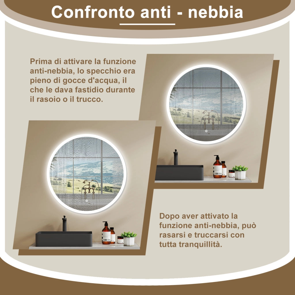 AICA SPECCHIO DA BAGNO ROTONDO CON LED 80 x 80 cm, antiappannamento, interruttore a sfioramento