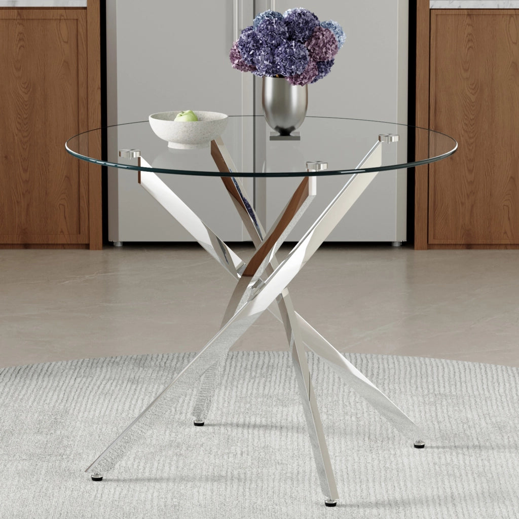 Tavolo da pranzo con piano in vetro e base in metallo per cucina 88 cm