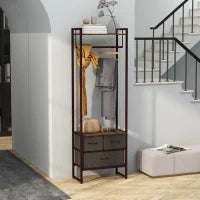 Appendiabiti da Terra con Asta, 3 Cassetti e Ripiani, in Legno MDF e Acciaio, 58.5x30x178 cm, Marrone