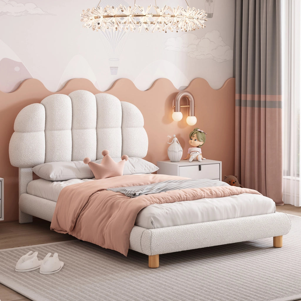 Letto per Bambini Letto Singolo 90×200 cm con Testiera Regolabile e Tessuto Bouclé; senza Materasso; Bianco