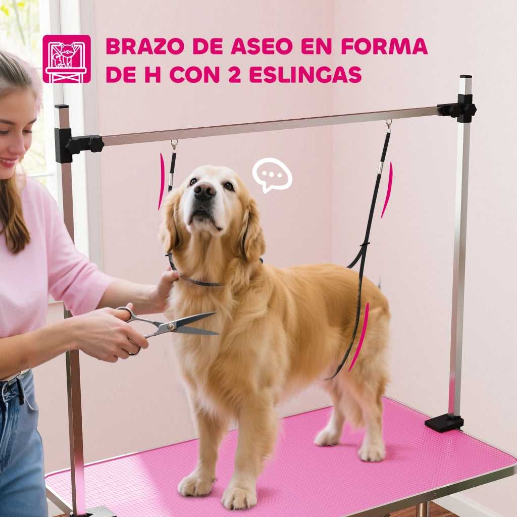 Tavolo pieghevole per toelettatura cani con cesto metallico e barra in acciaio inox regolabile ¨C zephmum ¨C 107x60x164 cm rosa