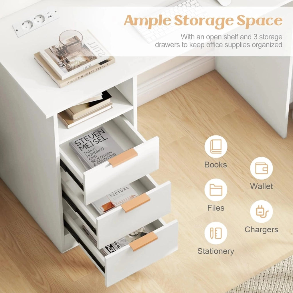 Scrivania per Casa con Presa Elettrica, Scrivania da 105 CM con 3 Cassetti e Scomparto Aperto, Postazione di Lavoro Moderna per Computer con Porte USB e Tipo-C, per Studio o Camera da Letto