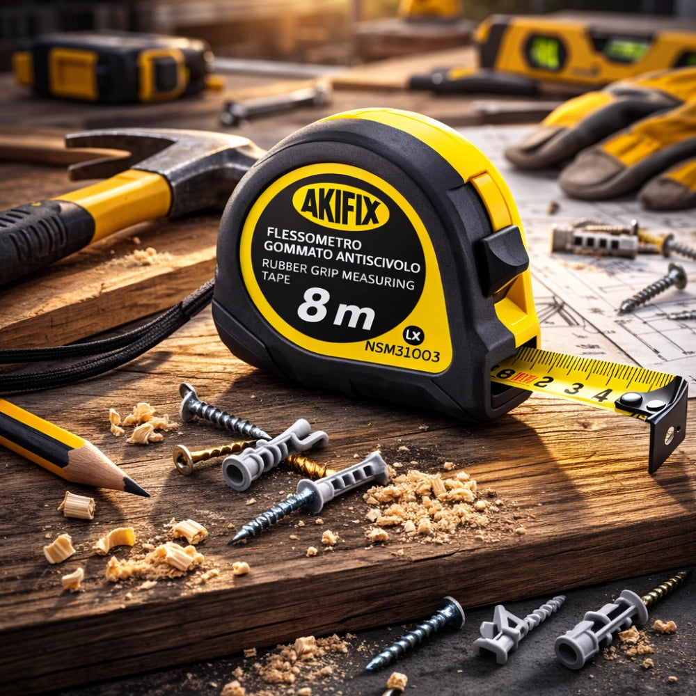 Flessometro gommato antiscivolo professionale akifix 8 m x 25 mm