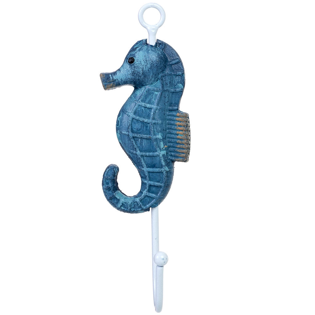 Percha de pared caballo de mar de madera azul 5x4x16h cm