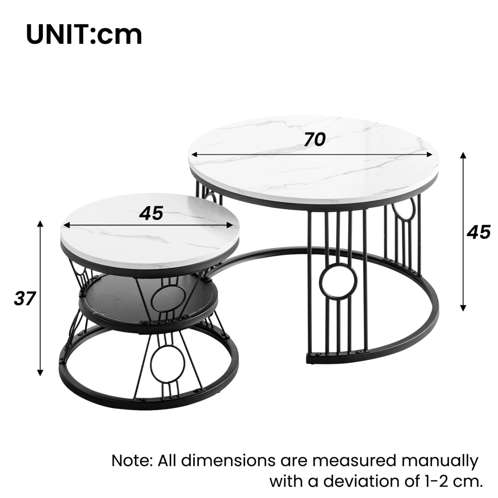 TAVOLINO DA CAFFÈ Set 2 Pezzi 70x70x45 cm MDF Bianco con Struttura Nera