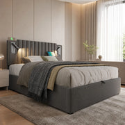 Letto matrimoniale 160x200 cm con contenitore; testiera regolabile in cotone grigio; luci e USB
