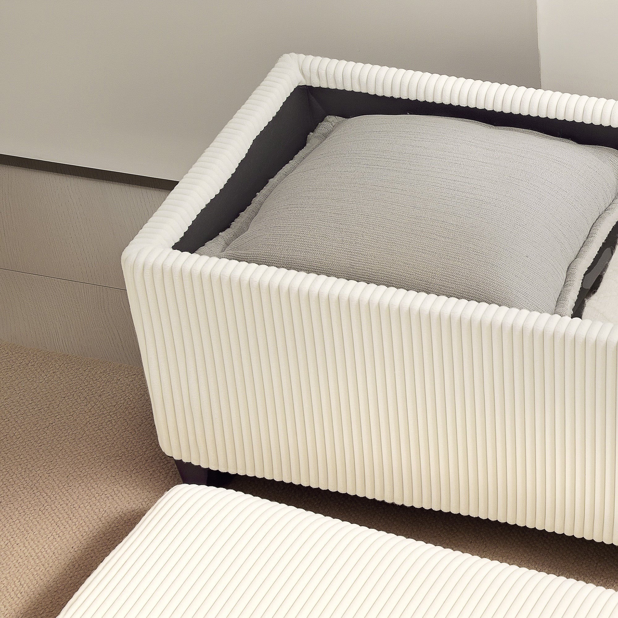 Panca Fondo Letto 112x42x40 cm con Spazio Contenitore da 84L in Tessuto Effetto Velluto a Coste e Acciaio Beige