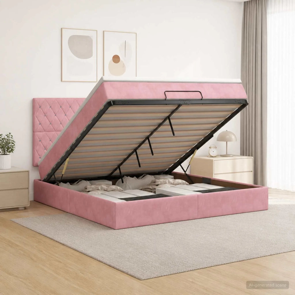 Letto Ottomano con Materasso e LED Rosa 160 x 200 cm Velluto 3458246
