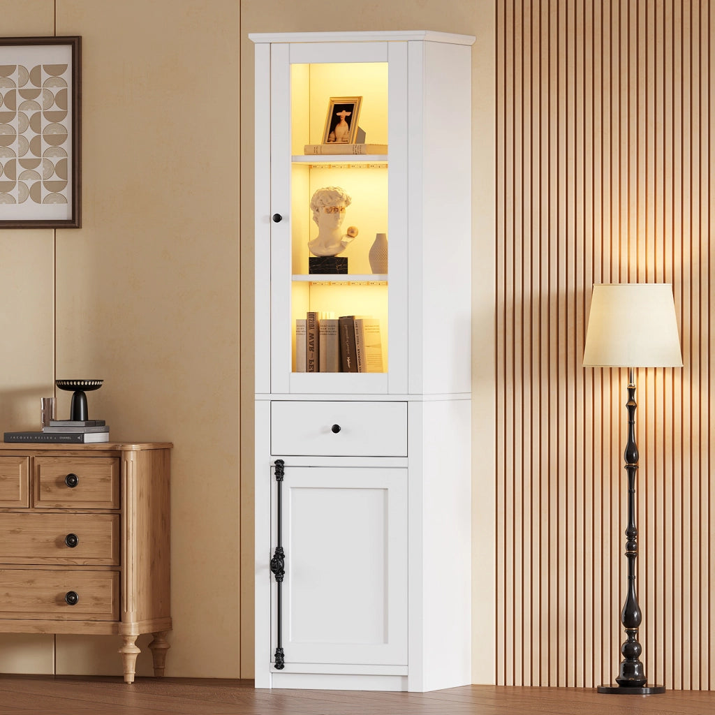 Vetrina alta con LED, 2 ante e 1 cassetto, 5 ripiani e vani contenitore, per soggiorno, in truciolato bianco 55 × 40 × 200 cm