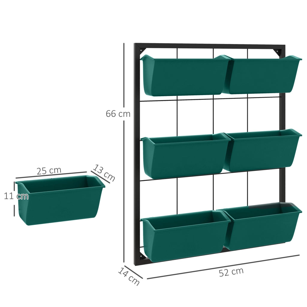 Orto Verticale da Parete a 3 Livelli 52x14x66 cm con 6 Vasi in Acciaio e Plastica Verde