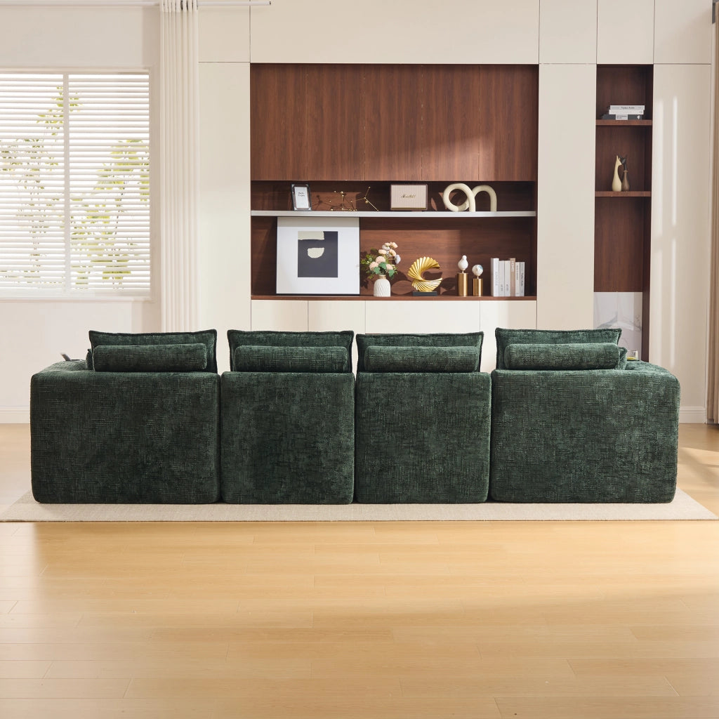 Divano modulare 4 posti con tasche laterali e cuscini in chenille verde per soggiorno e sala d'attesa 322 × 161 × 75 cm
