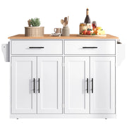 Isola da Cucina Mobile 120x46/70x91 cm Bianca con Piano Ribaltabile; 2 Cassetti; Ruote e Gambe in Legno
