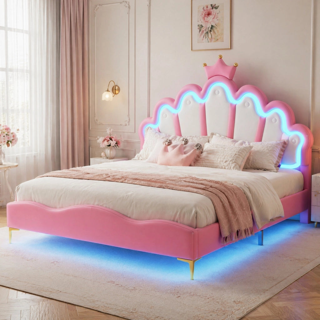 LETTO Principessa con corona 140x200 cm Rosa in PU con LED