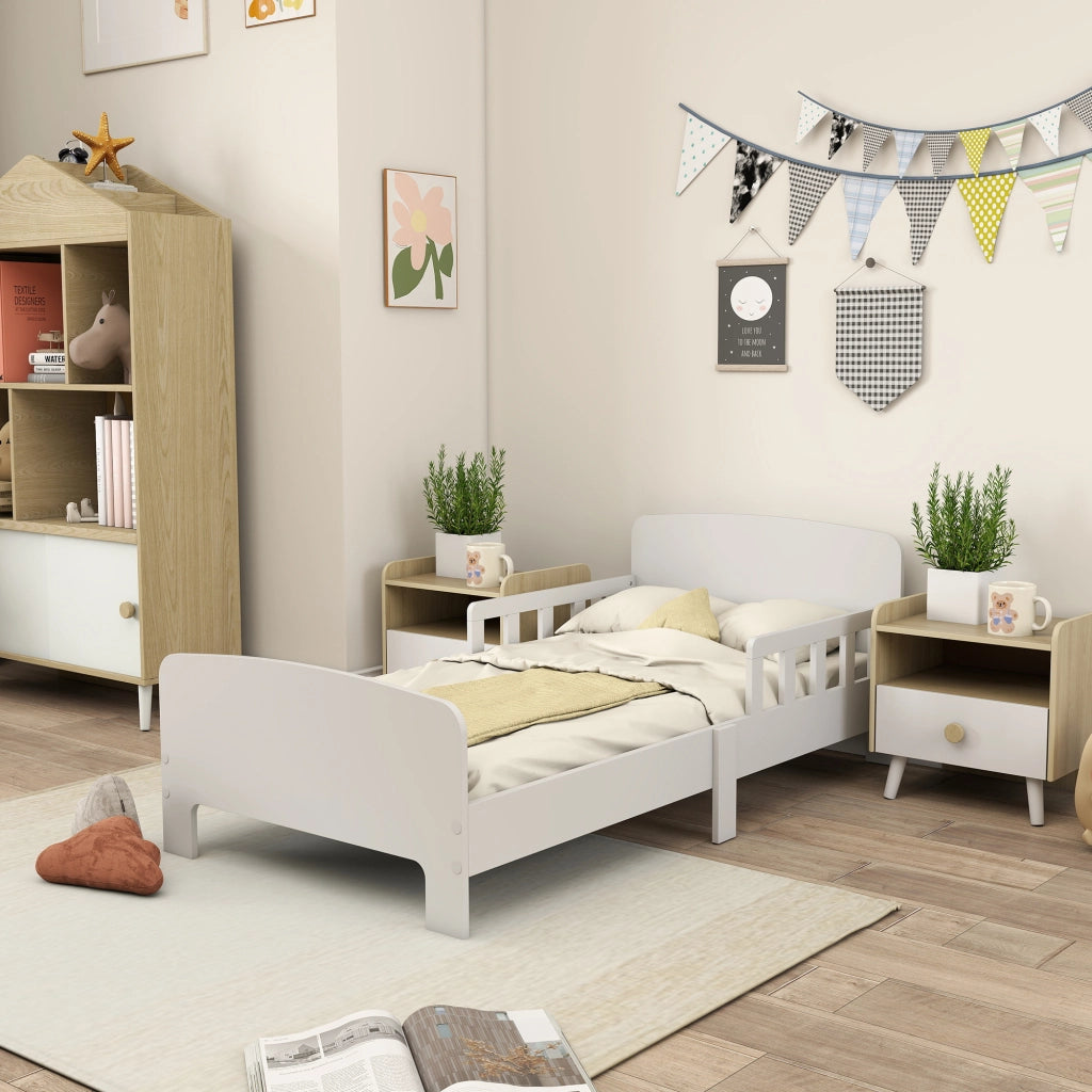Letto per Bambini 3-8 Anni Basso con Sponde Laterali e Bordi Lisci ¨C Minimal ¨C Legno Bianco 143.5x74.2x54 cm