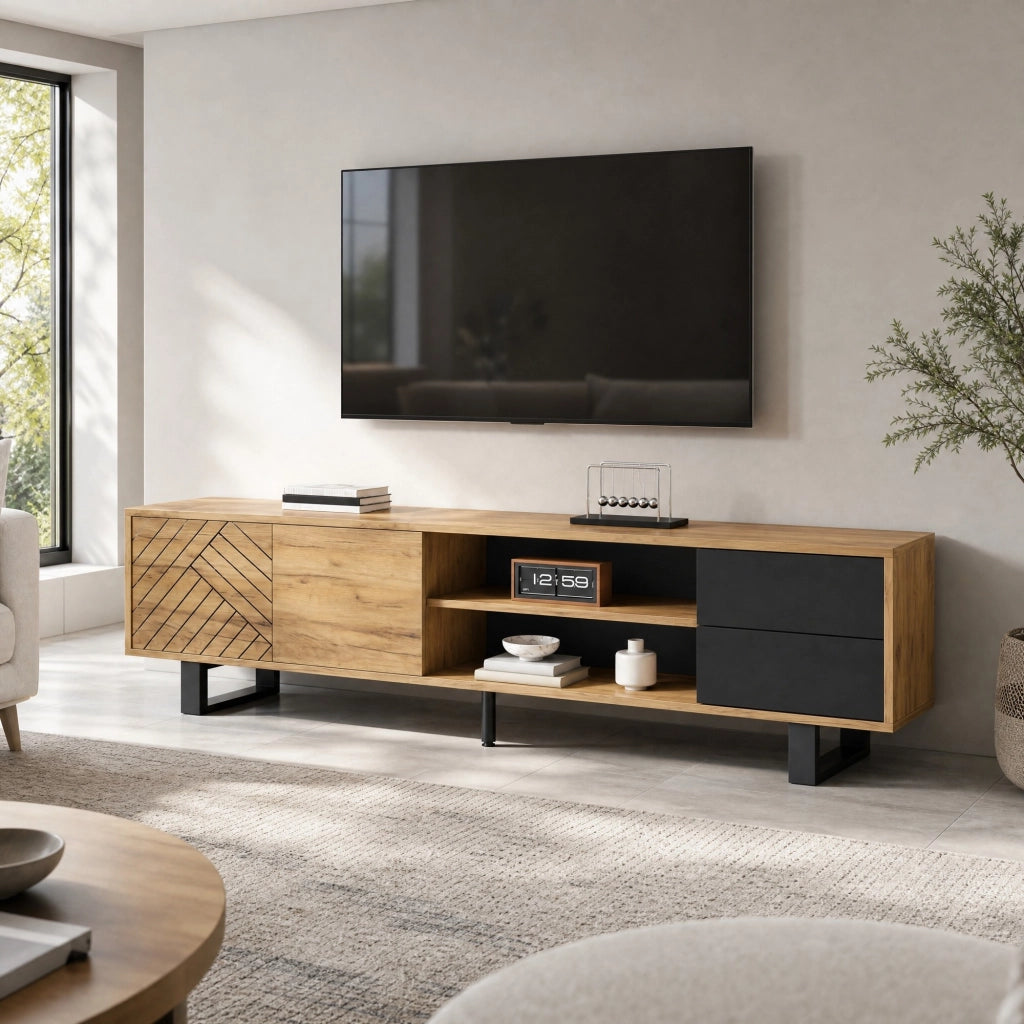 Mobile TV moderno 180x40x50 cm in truciolare effetto legno naturale e nero; per TV fino a 75 pollici