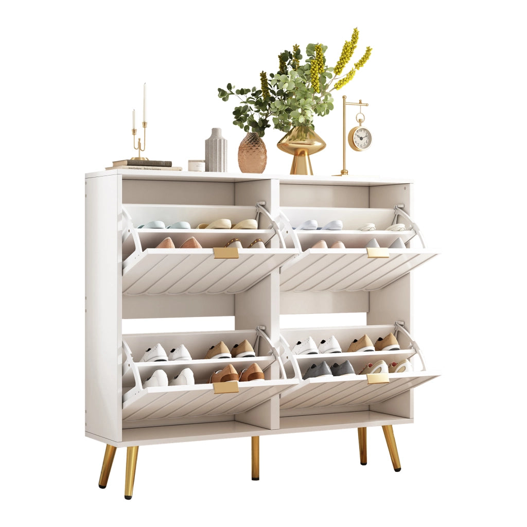 Scarpiera con 4 ante e vani regolabili, design moderno con frontali ondulati, per ingresso, bianco, 100 × 24 × 91.5 cm