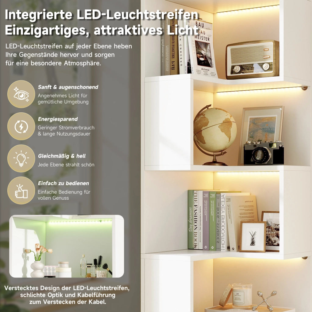 Scaffale angolare freestanding 165 cm con LED; 4 ripiani e 2 cassetti; bianco