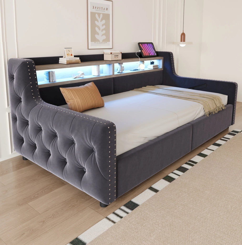 Divano letto imbottito 90x200 cm con contenitore, LED, prese USB/Type-C
