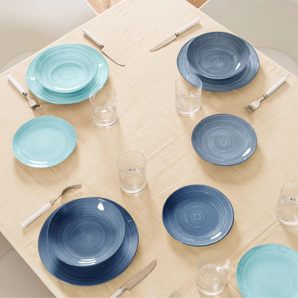 Set 18 Piatti in Porcellana Colorati Servizio Tavola Moderno 6 Persone Piatti Piani Ø27 cm, Fondi Ø20 cm e Dessert Ø19 cm Lavastoviglie e Microonde Certificati per Contatto Alimentare Acqua