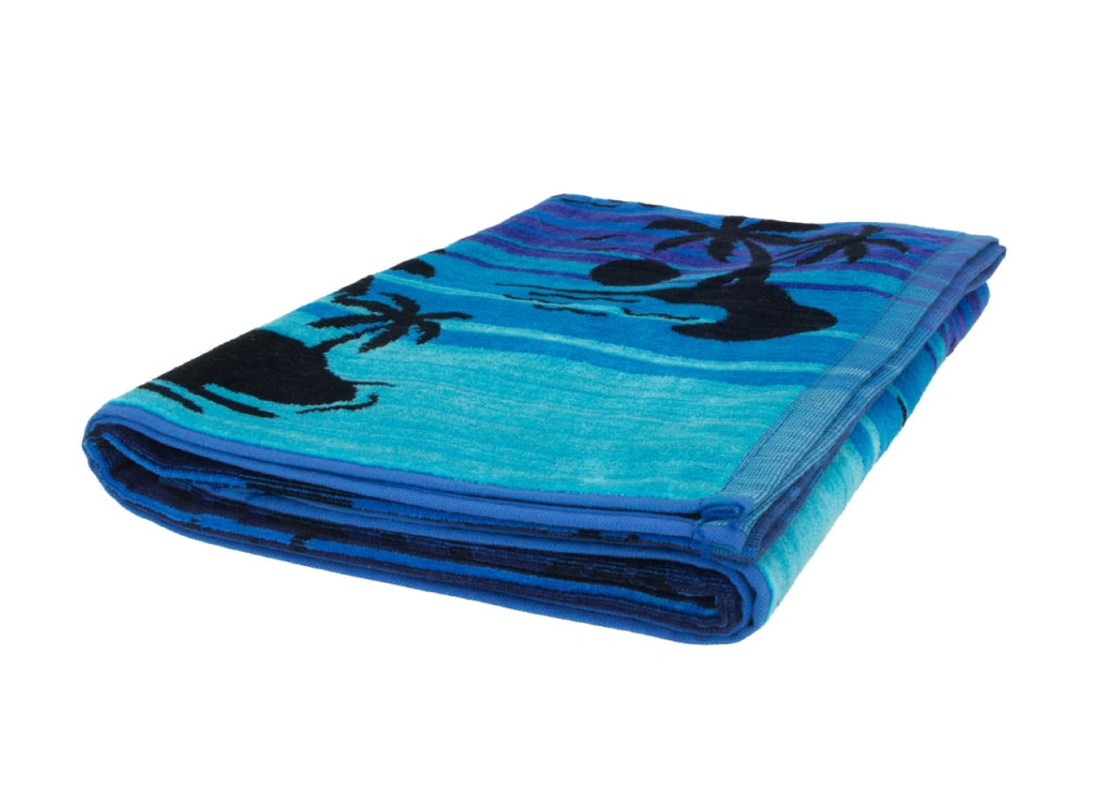 Telo Mare Jacquard Spugna Asciugamano Spiaggia Disegno Oasi - Telo Mare - Blu
