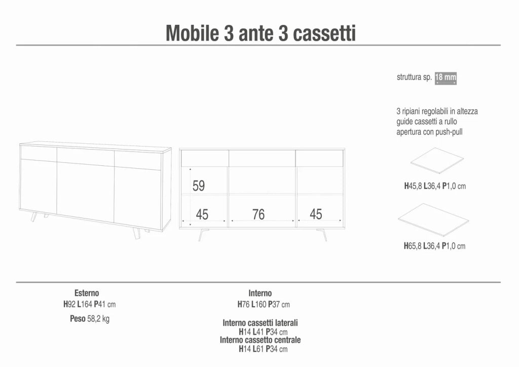Mobile Soggiorno 3 Ante 3 Cassetti 164x41 h92cm Ossido Nero e Bianco