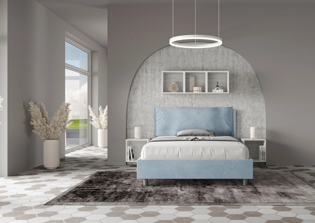 Letto Matrimoniale Francese 140x190 cm con Rete Imbottito in Microfibra Antea Large Azzurro